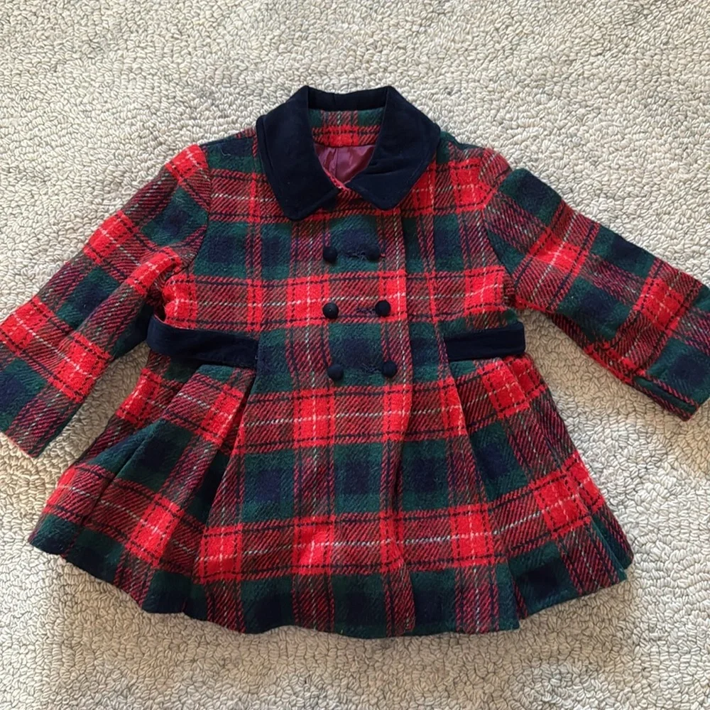 Girls Red & Green Plaid Peacoat with Matching Hat